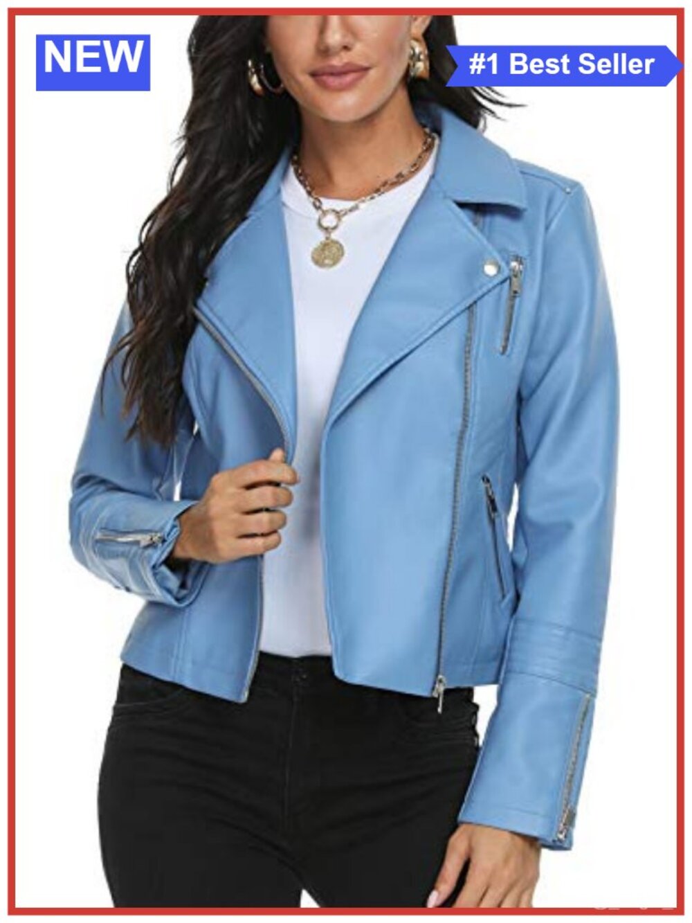 Faux Leather Moto Jacket Tailored Fit Slim Long Sleeve Wing Collar